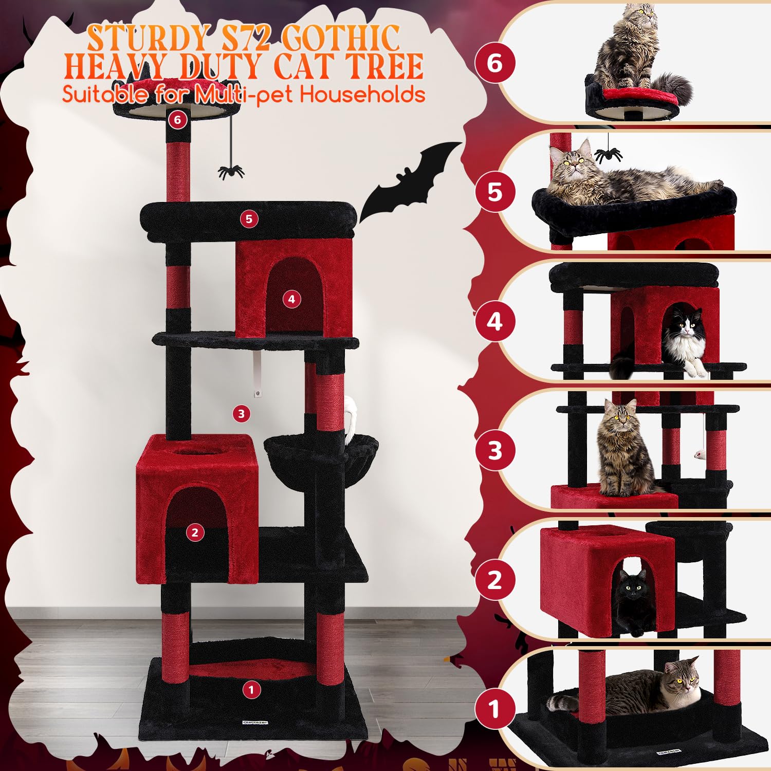 Globlazer S72 Heavy Duty Gothic Cat Tree, 72In Large Cat Tower With Coffin Bed, Sturdy Maine Coon Cat Tree For Large Cats 20 Lbs
